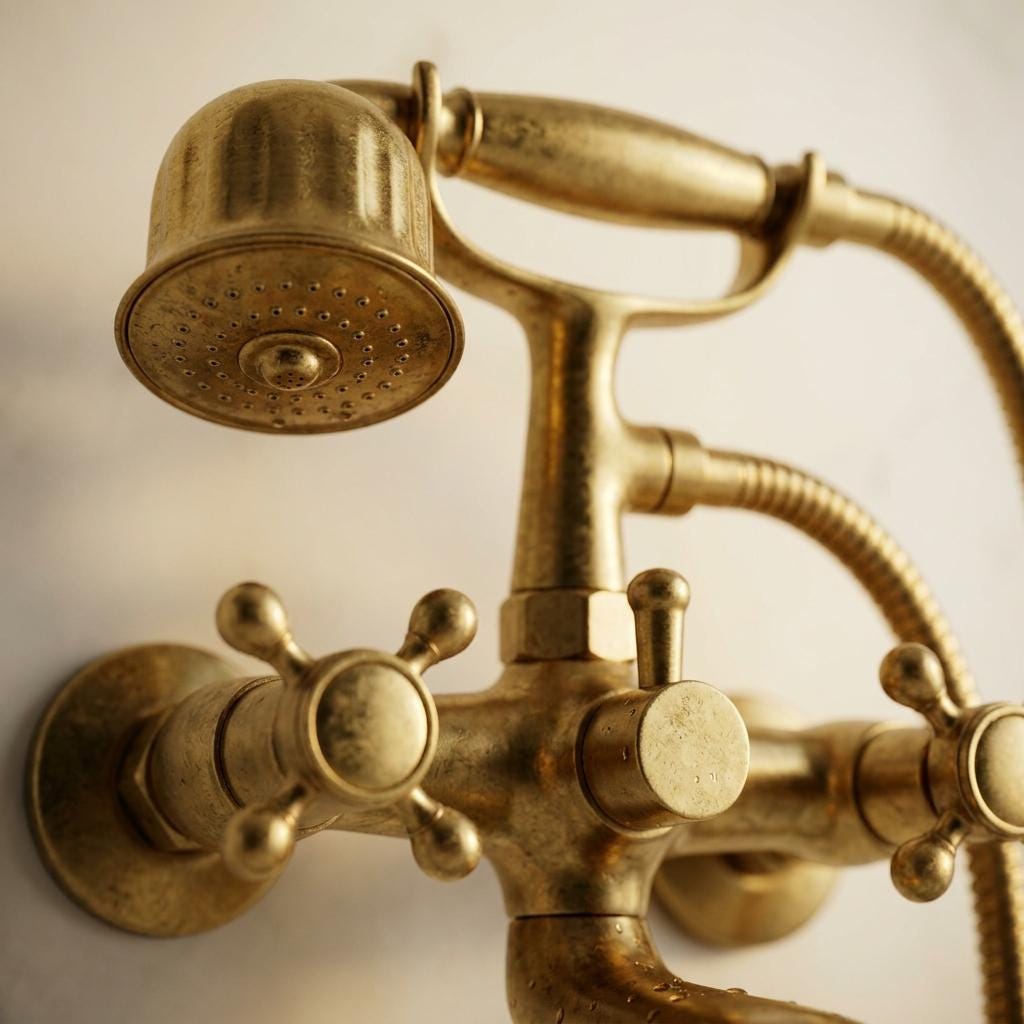Handmade Unlacquered Brass Wall Mount Tub Faucet With Hand Shower | Vintage Clawfoot Bathtub Filler | Moroccan Artisan Living Patina Tap