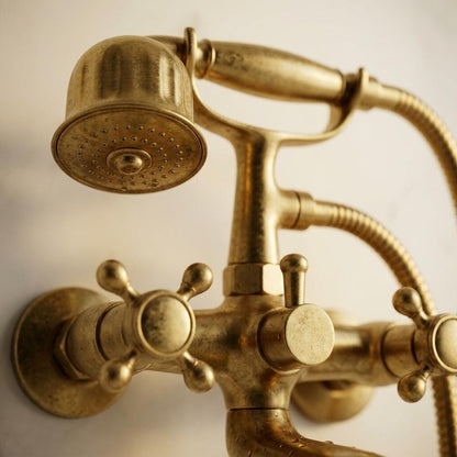Handmade Unlacquered Brass Wall Mount Tub Faucet With Hand Shower | Vintage Clawfoot Bathtub Filler | Moroccan Artisan Living Patina Tap