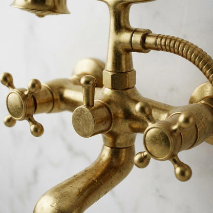 Handmade Unlacquered Brass Wall Mount Tub Faucet With Hand Shower | Vintage Clawfoot Bathtub Filler | Moroccan Artisan Living Patina Tap