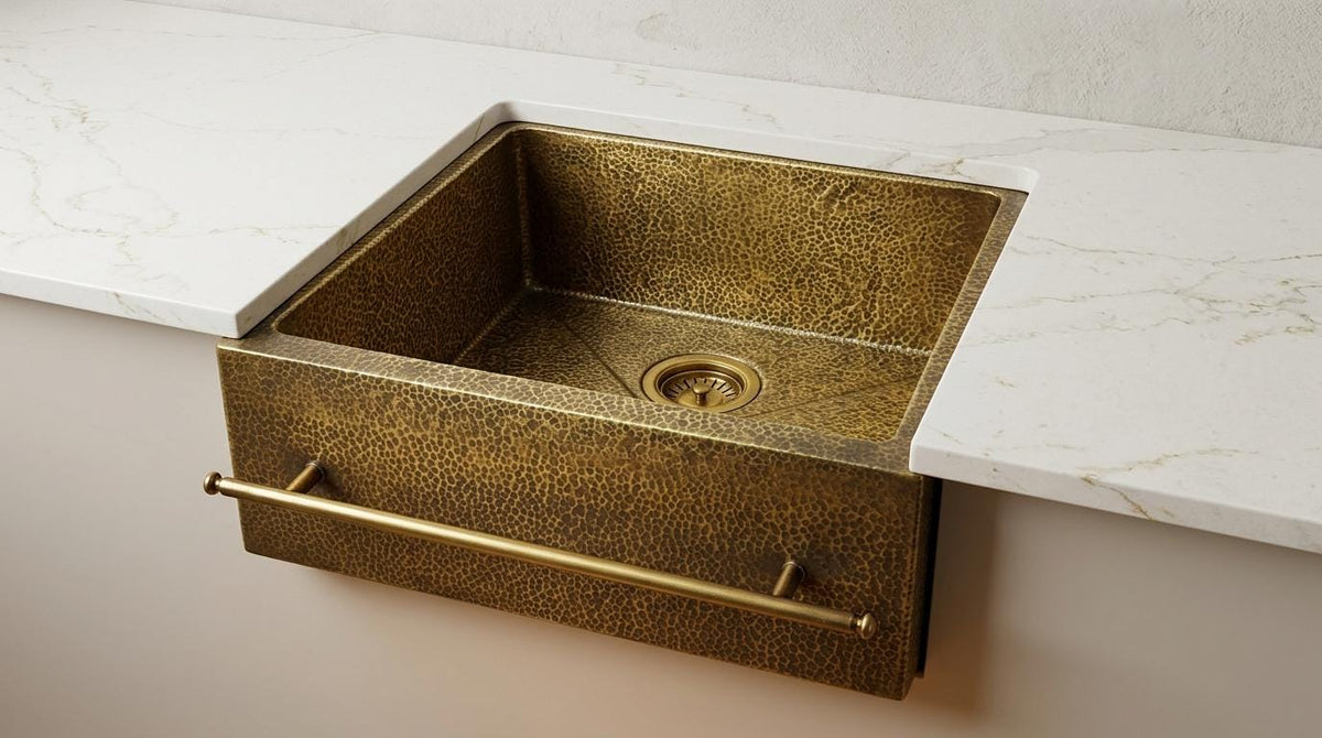 Handmade Hammered Brass Farmhouse Kitchen Sink With Towel Bar | Antique Gold Apron Front Single Bowl | Moroccan Artisan Luxury Copper Sink