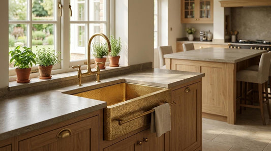 Handmade Hammered Brass Farmhouse Kitchen Sink With Towel Bar | Antique Gold Apron Front Single Bowl | Moroccan Artisan Luxury Copper Sink