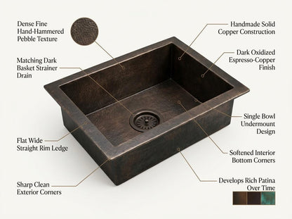 Handmade Hammered Copper Kitchen Sink Undermount | Antique Bronze Dark Patina Single Bowl Basin | Rustic Farmhouse Moroccan Artisan Fixture