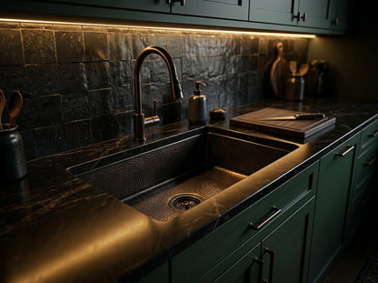 Handmade Hammered Copper Kitchen Sink Undermount | Antique Bronze Dark Patina Single Bowl Basin | Rustic Farmhouse Moroccan Artisan Fixture