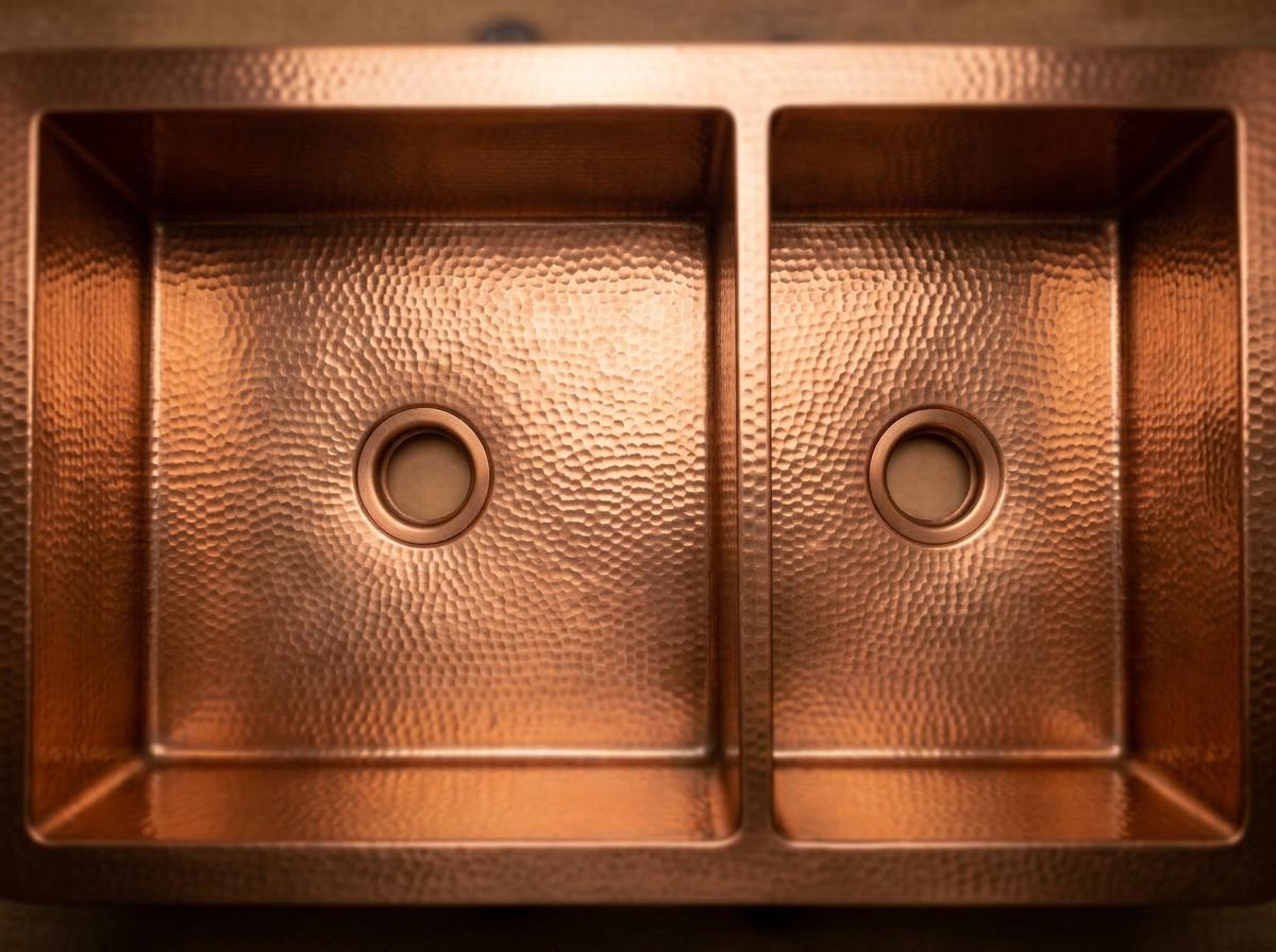 Handmade Hammered Copper Double Bowl Farmhouse Sink Apron Front | Natural Copper Dual Basin Kitchen | Artisan Rustic Luxury Sink