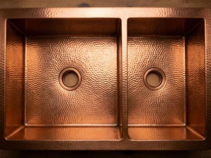 Handmade Hammered Copper Double Bowl Farmhouse Sink Apron Front | Natural Copper Dual Basin Kitchen | Artisan Rustic Luxury Sink