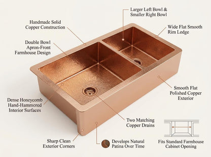 Handmade Hammered Copper Double Bowl Farmhouse Sink Apron Front | Natural Copper Dual Basin Kitchen | Artisan Rustic Luxury Sink