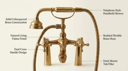 Handmade Unlacquered Brass Bathtub Faucet Deck Mount | Telephone Hand Shower Tub Filler | Vintage Clawfoot Polished Gold Moroccan Artisan
