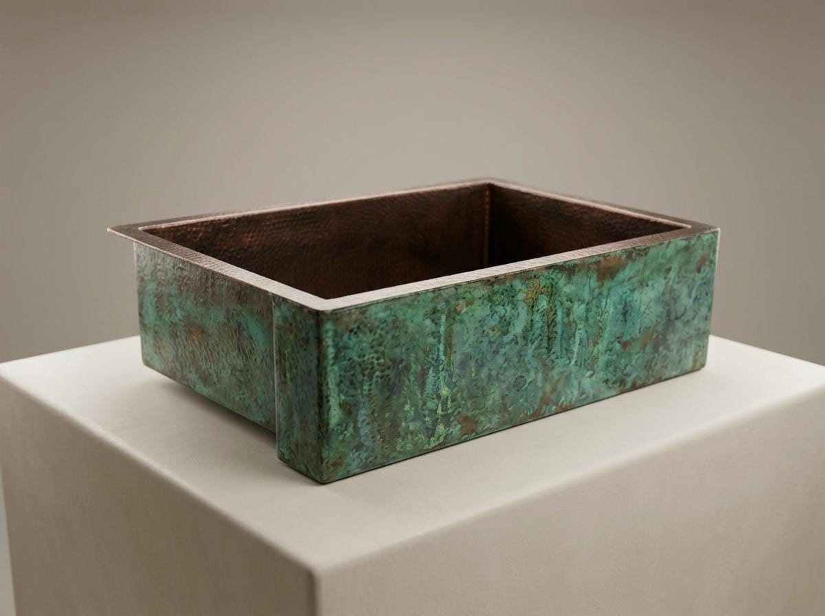 Handmade Green Verdigris Patina Copper Farmhouse Sink | Single Bowl Apron Front Hammered Interior | Moroccan Artisan Rustic Kitchen Basin