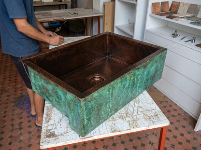 Handmade Green Verdigris Patina Copper Farmhouse Sink | Single Bowl Apron Front Hammered Interior | Moroccan Artisan Rustic Kitchen Basin