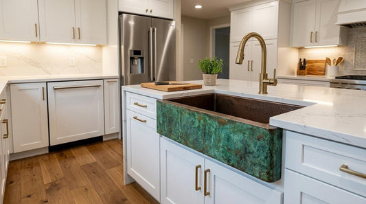 Handmade Green Verdigris Patina Copper Farmhouse Sink | Single Bowl Apron Front Hammered Interior | Moroccan Artisan Rustic Kitchen Basin