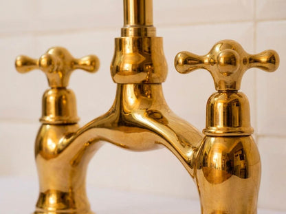 Bridge Kitchen Faucet Unlacquered Brass Handmade | Polished Gold Cross Handle Gooseneck Tap | Vintage Polished Gold Moroccan Artisan