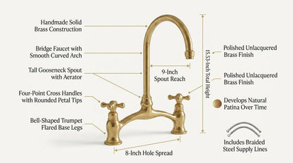 Bridge Kitchen Faucet Unlacquered Brass Handmade | Polished Gold Cross Handle Gooseneck Tap | Vintage Polished Gold Moroccan Artisan
