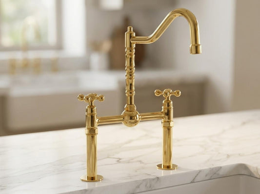Unlacquered Brass Bridge Kitchen Faucet Vintage | Center Ball Cross Handle Gooseneck Tap | Polished Gold Farmhouse Moroccan Artisan Handmade