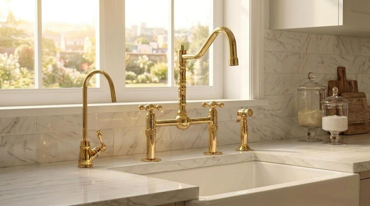 Unlacquered Brass Bridge Kitchen Faucet Vintage | Center Ball Cross Handle Gooseneck Tap | Polished Gold Farmhouse Moroccan Artisan Handmade
