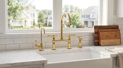 Unlacquered Brass Bridge Kitchen Faucet Lever Handle | Side Sprayer Cold Tap Set | Vintage Farmhouse Polished Gold Moroccan Artisan Handmade