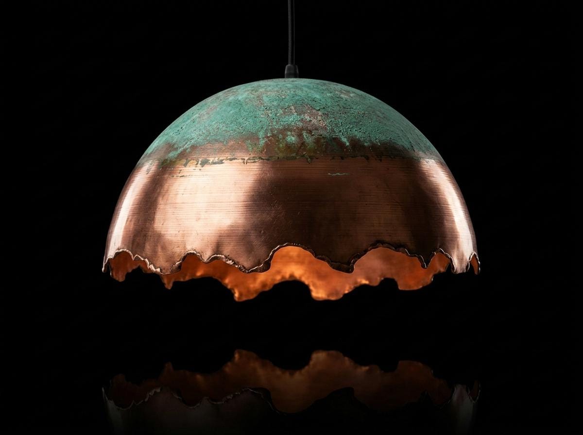 Handmade Oxidized Copper Pendant Light Green Patina Dome | Rustic Boho Vintage Ceiling Lamp | Moroccan Artisan Farmhouse Hanging Light