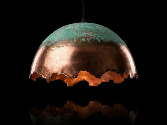 Handmade Oxidized Copper Pendant Light Green Patina Dome | Rustic Boho Vintage Ceiling Lamp | Moroccan Artisan Farmhouse Hanging Light