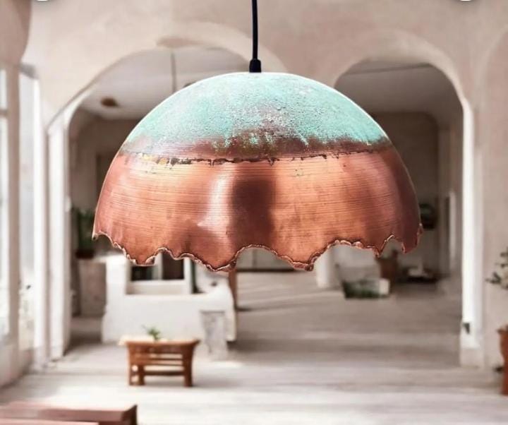 Handmade Oxidized Copper Pendant Light Green Patina Dome | Rustic Boho Vintage Ceiling Lamp | Moroccan Artisan Farmhouse Hanging Light