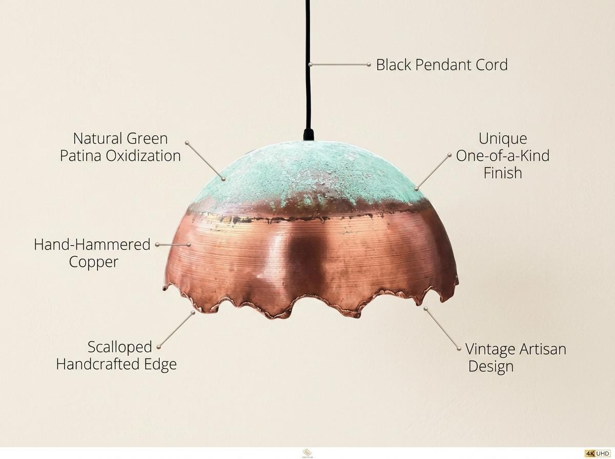 Handmade Oxidized Copper Pendant Light Green Patina Dome | Rustic Boho Vintage Ceiling Lamp | Moroccan Artisan Farmhouse Hanging Light