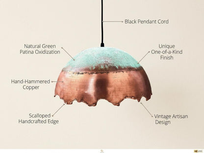 Handmade Oxidized Copper Pendant Light Green Patina Dome | Rustic Boho Vintage Ceiling Lamp | Moroccan Artisan Farmhouse Hanging Light