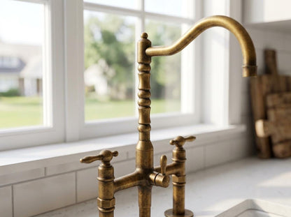 Unlacquered Brass 3 Hole Bridge Kitchen Faucet With Sprayer | Antique Farmhouse Lever Handle Tap | Vintage Living Patina Moroccan Artisan
