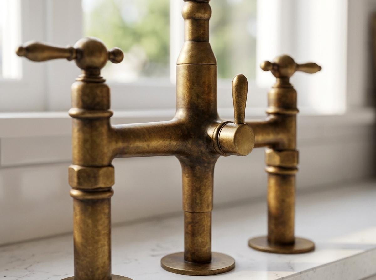 Unlacquered Brass 3 Hole Bridge Kitchen Faucet With Sprayer | Antique Farmhouse Lever Handle Tap | Vintage Living Patina Moroccan Artisan