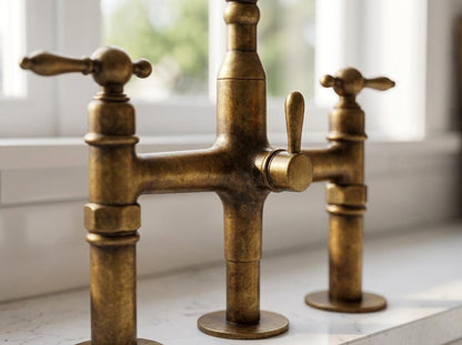 Unlacquered Brass 3 Hole Bridge Kitchen Faucet With Sprayer | Antique Farmhouse Lever Handle Tap | Vintage Living Patina Moroccan Artisan
