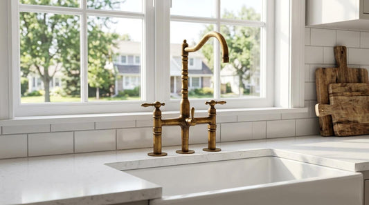 Unlacquered Brass 3 Hole Bridge Kitchen Faucet With Sprayer | Antique Farmhouse Lever Handle Tap | Vintage Living Patina Moroccan Artisan