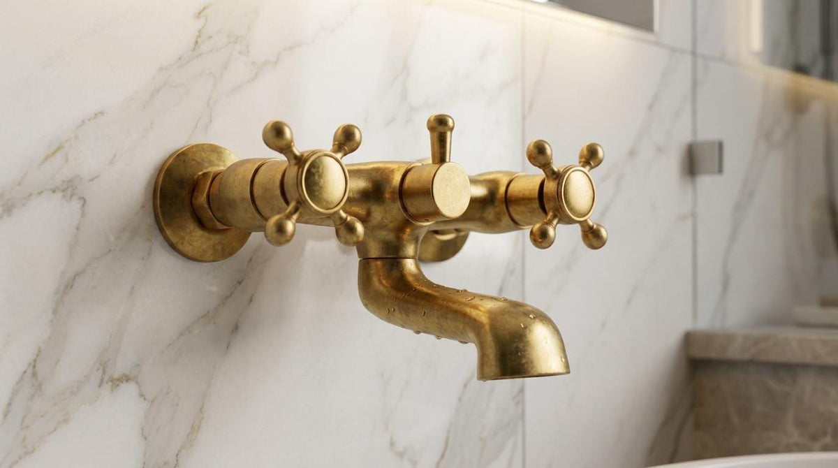 Handmade Unlacquered Brass Wall Mount Tub Faucet | Vintage Cross Handle Bathtub Wall Filler | Antique Living Patina Moroccan Artisan Bath