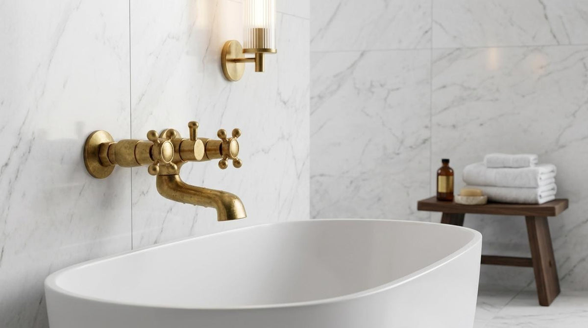 Handmade Unlacquered Brass Wall Mount Tub Faucet | Vintage Cross Handle Bathtub Wall Filler | Antique Living Patina Moroccan Artisan Bath