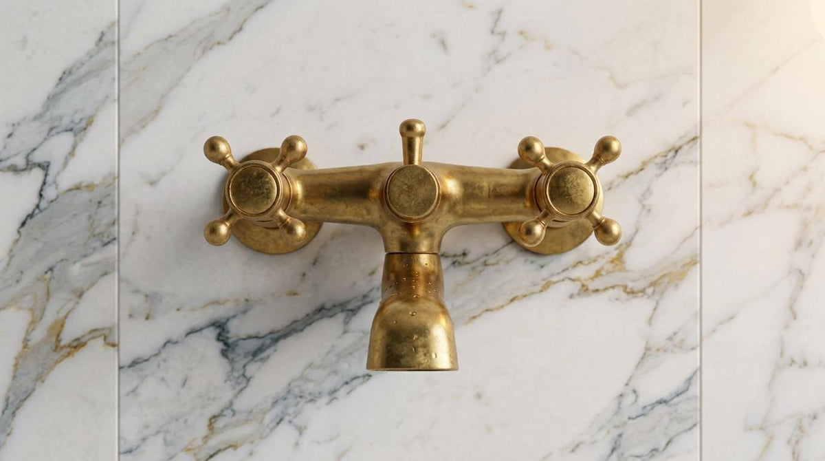 Handmade Unlacquered Brass Wall Mount Tub Faucet | Vintage Cross Handle Bathtub Wall Filler | Antique Living Patina Moroccan Artisan Bath