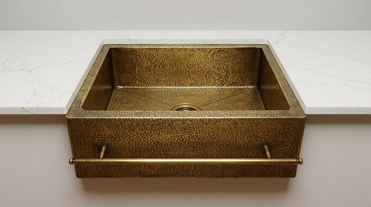 Handmade Hammered Brass Farmhouse Kitchen Sink With Towel Bar | Antique Gold Apron Front Single Bowl | Moroccan Artisan Luxury Copper Sink