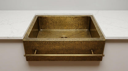 Handmade Hammered Brass Farmhouse Kitchen Sink With Towel Bar | Antique Gold Apron Front Single Bowl | Moroccan Artisan Luxury Copper Sink