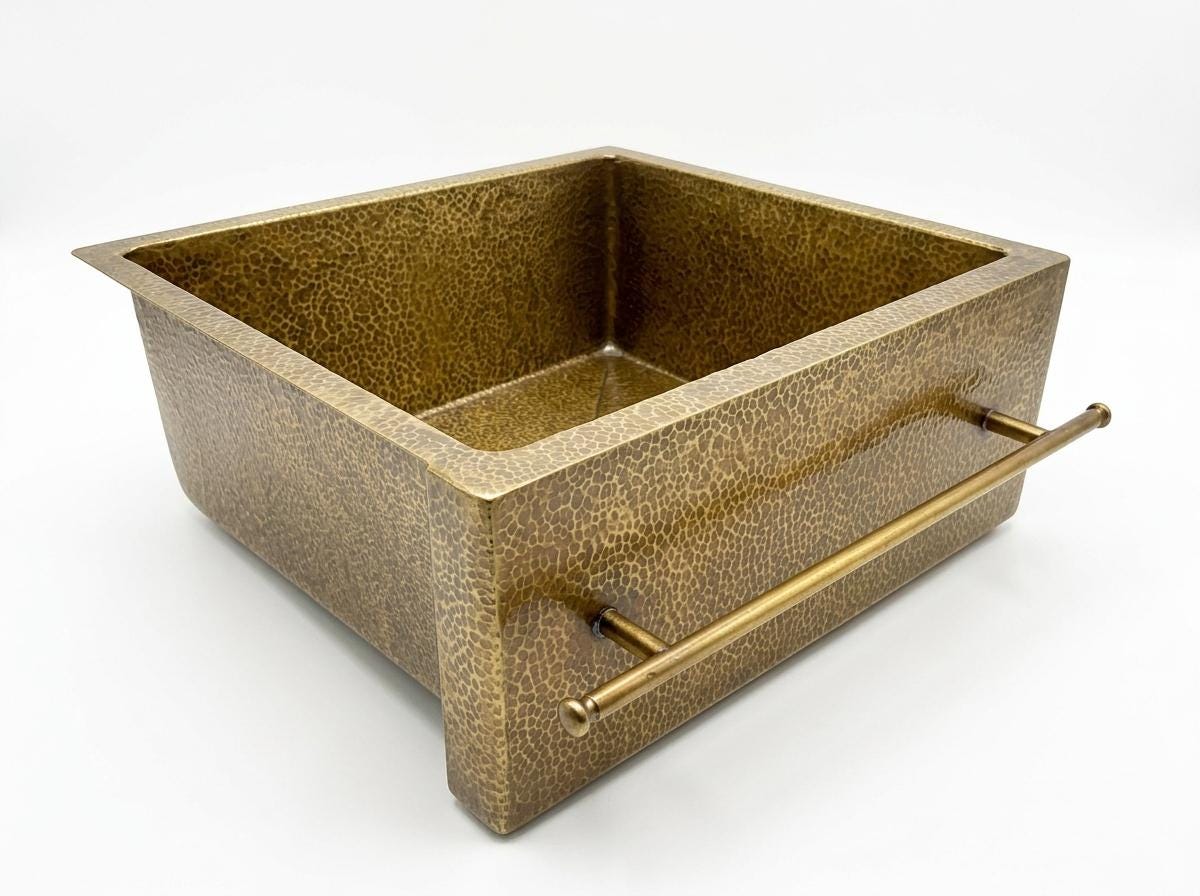 Handmade Hammered Brass Farmhouse Kitchen Sink With Towel Bar | Antique Gold Apron Front Single Bowl | Moroccan Artisan Luxury Copper Sink