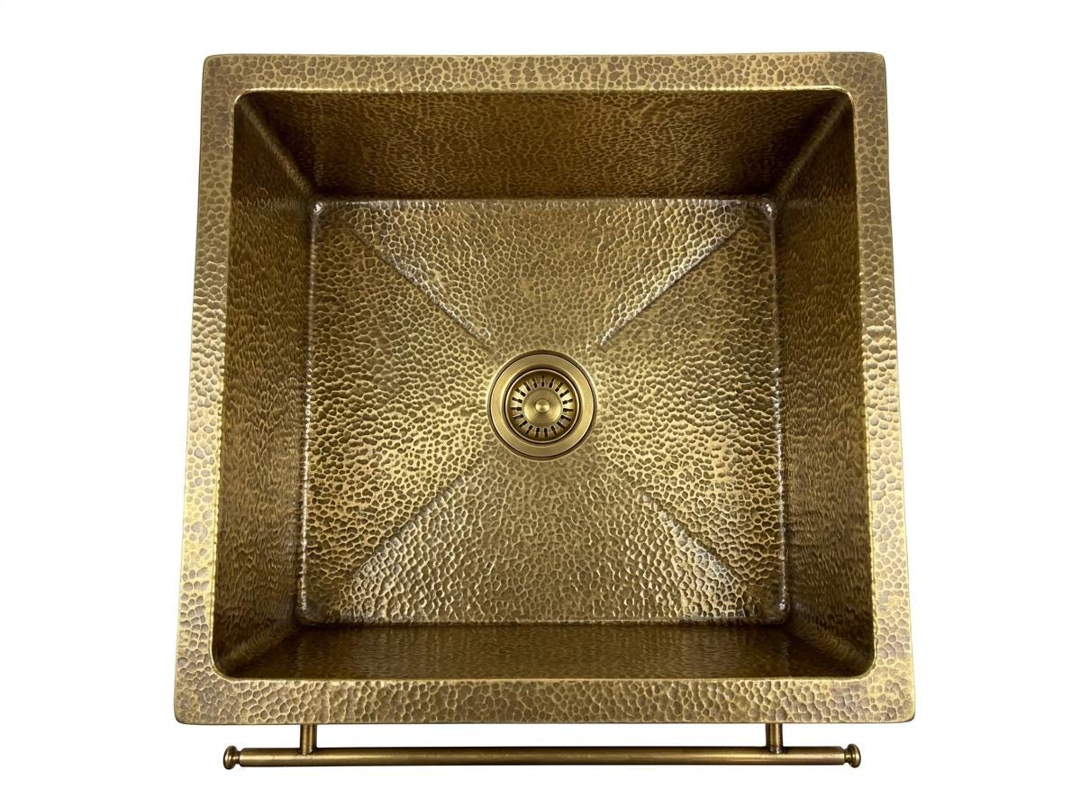 Handmade Hammered Brass Farmhouse Kitchen Sink With Towel Bar | Antique Gold Apron Front Single Bowl | Moroccan Artisan Luxury Copper Sink