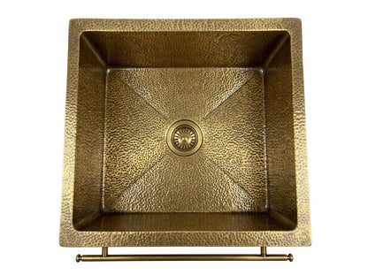 Handmade Hammered Brass Farmhouse Kitchen Sink With Towel Bar | Antique Gold Apron Front Single Bowl | Moroccan Artisan Luxury Copper Sink