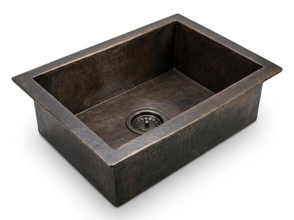 Handmade Hammered Copper Kitchen Sink Undermount | Antique Bronze Dark Patina Single Bowl Basin | Rustic Farmhouse Moroccan Artisan Fixture
