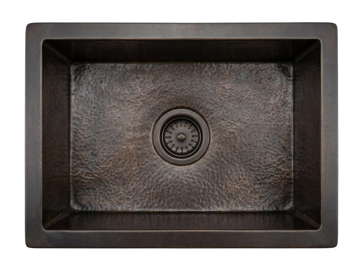 Handmade Hammered Copper Kitchen Sink Undermount | Antique Bronze Dark Patina Single Bowl Basin | Rustic Farmhouse Moroccan Artisan Fixture