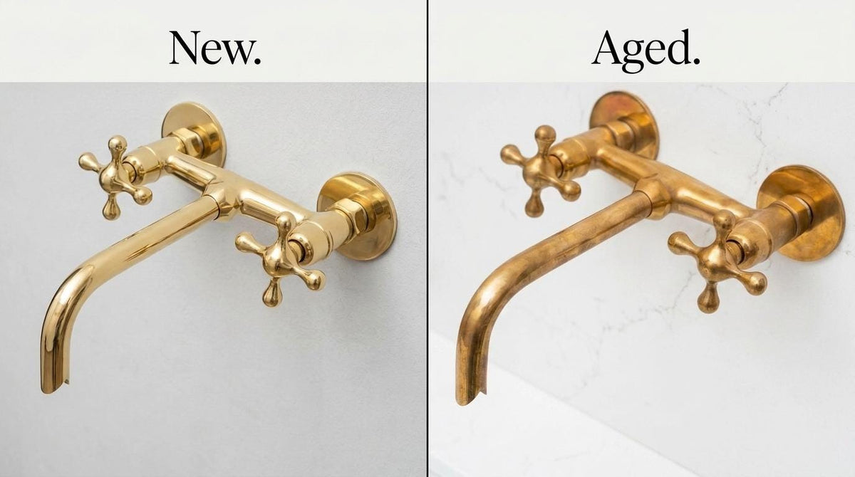 Handmade Unlacquered Brass Wall Mount Bathroom Faucet | Antique Cross Handle Vanity Basin Tap | Vintage Living Patina Moroccan Artisan Sink