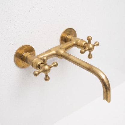 Handmade Unlacquered Brass Wall Mount Bathroom Faucet | Antique Cross Handle Vanity Basin Tap | Vintage Living Patina Moroccan Artisan Sink