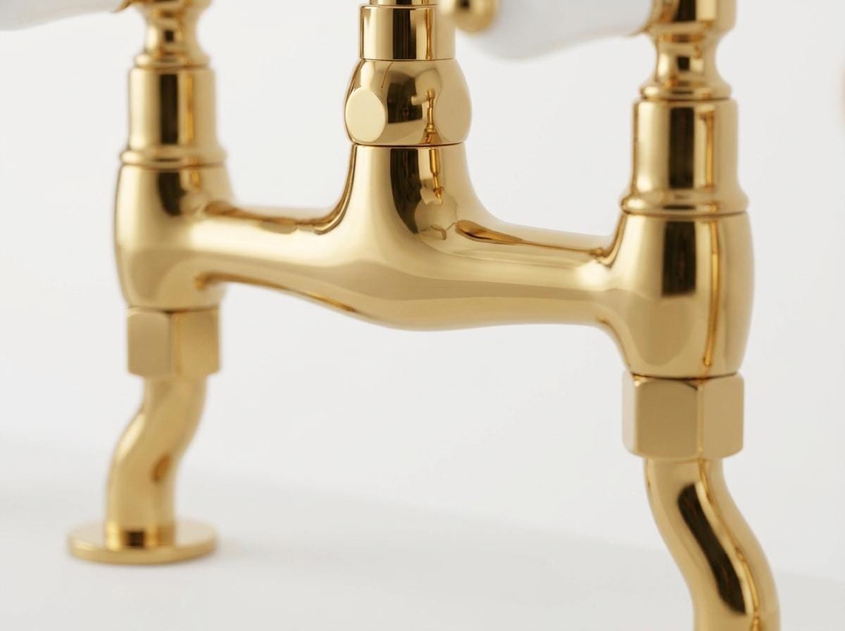 Unlacquered Brass Bridge Kitchen Faucet White Porcelain Handles | Farmhouse Gooseneck Side Sprayer | Polished Gold Moroccan Artisan Handmade