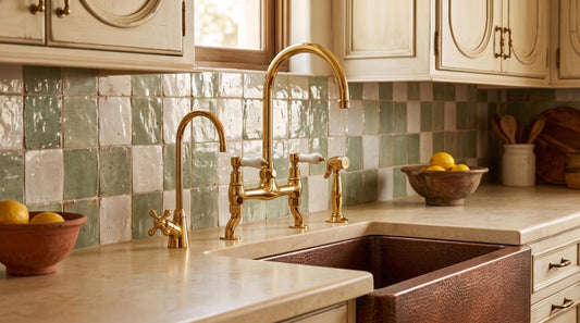 Unlacquered Brass Bridge Kitchen Faucet White Porcelain Handles | Farmhouse Gooseneck Side Sprayer | Polished Gold Moroccan Artisan Handmade