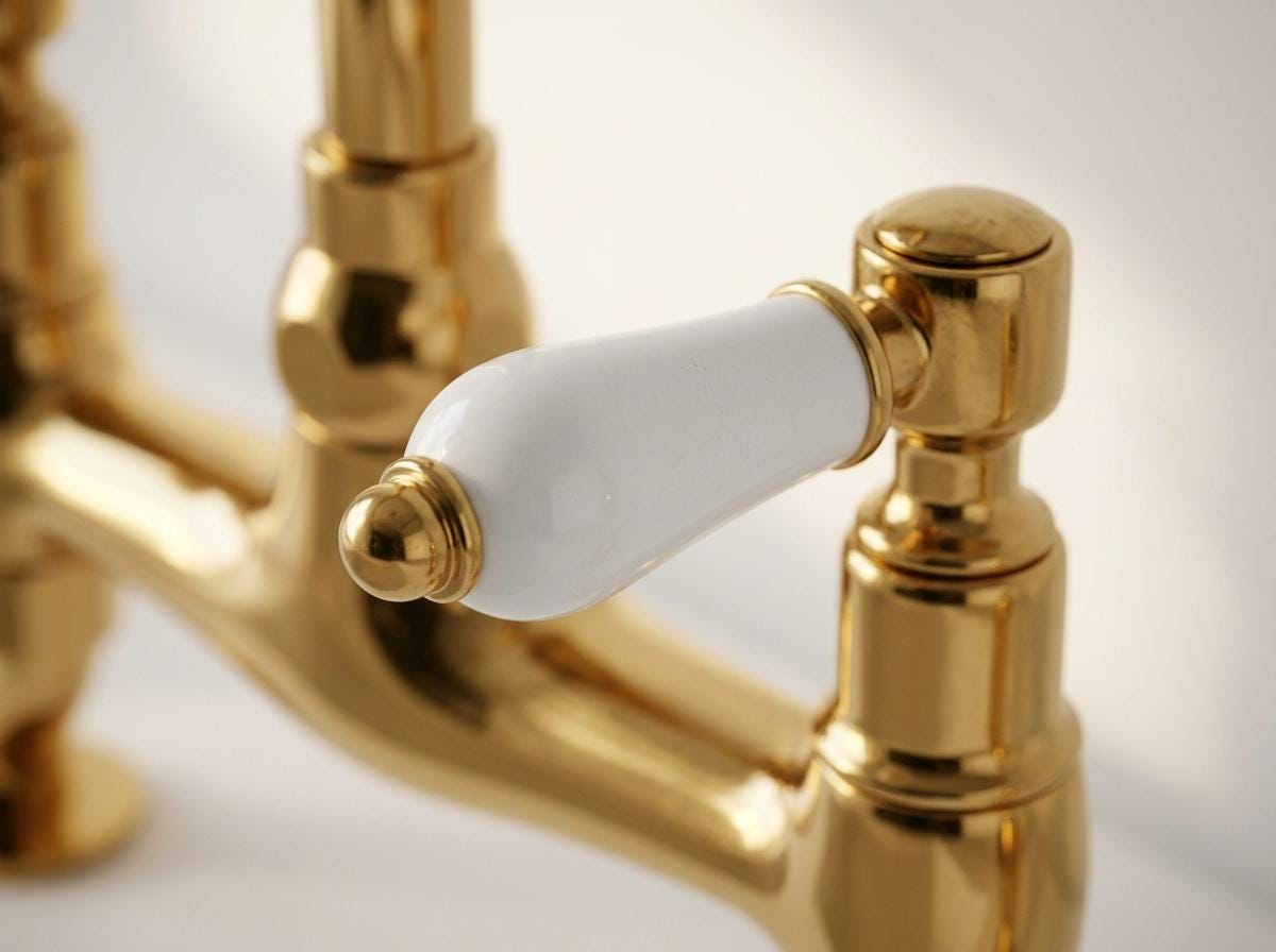 Unlacquered Brass Bridge Kitchen Faucet White Porcelain Handles | Farmhouse Gooseneck Side Sprayer | Polished Gold Moroccan Artisan Handmade
