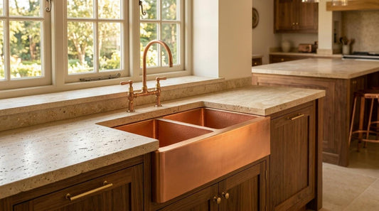 Handmade Hammered Copper Double Bowl Farmhouse Sink Apron Front | Natural Copper Dual Basin Kitchen | Artisan Rustic Luxury Sink