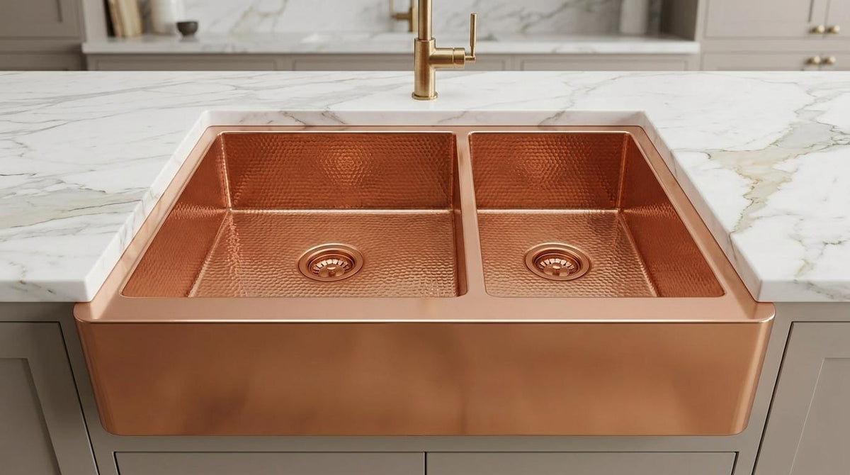 Handmade Hammered Copper Double Bowl Farmhouse Sink Apron Front | Natural Copper Dual Basin Kitchen | Artisan Rustic Luxury Sink
