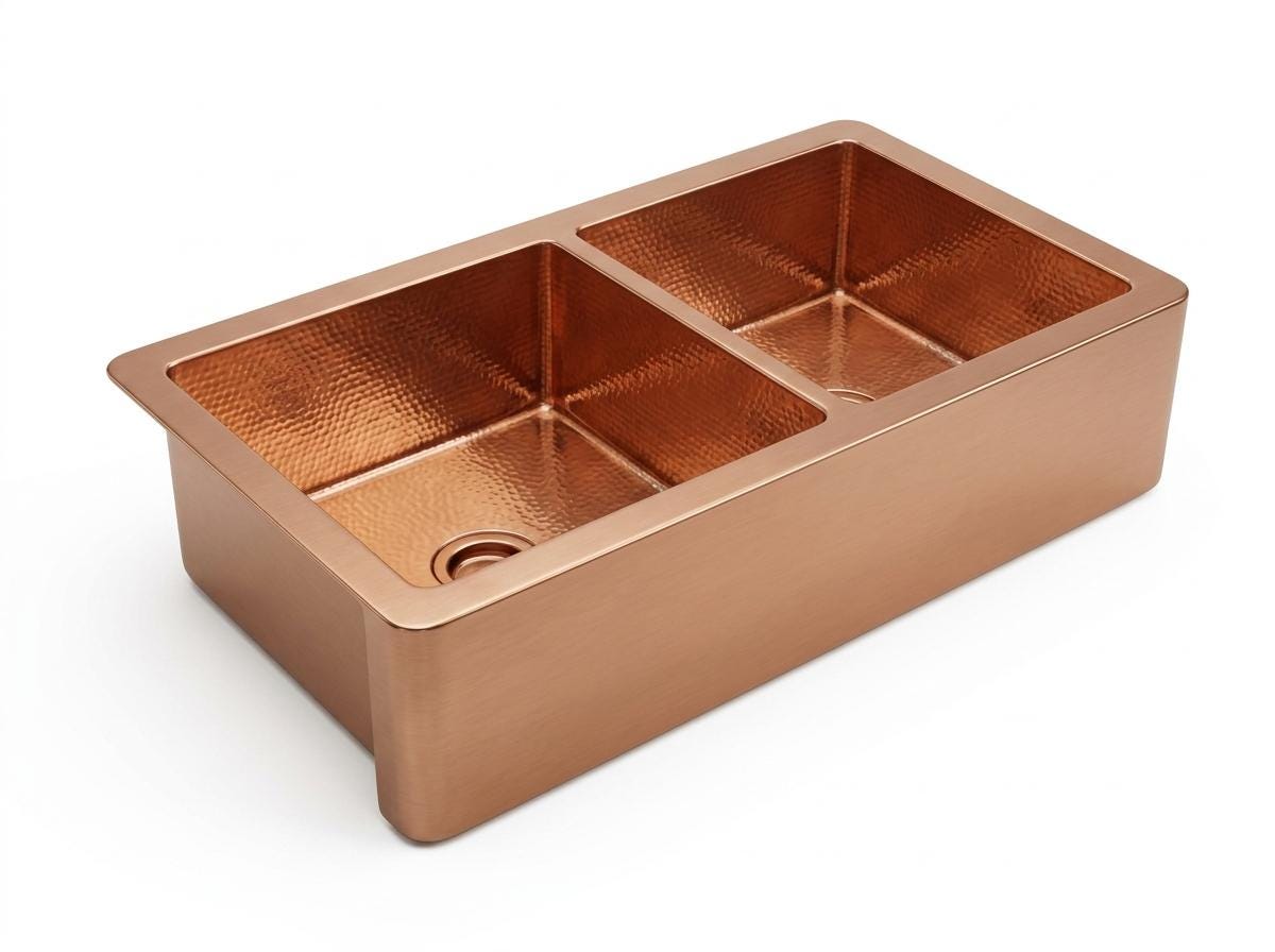 Handmade Hammered Copper Double Bowl Farmhouse Sink Apron Front | Natural Copper Dual Basin Kitchen | Artisan Rustic Luxury Sink