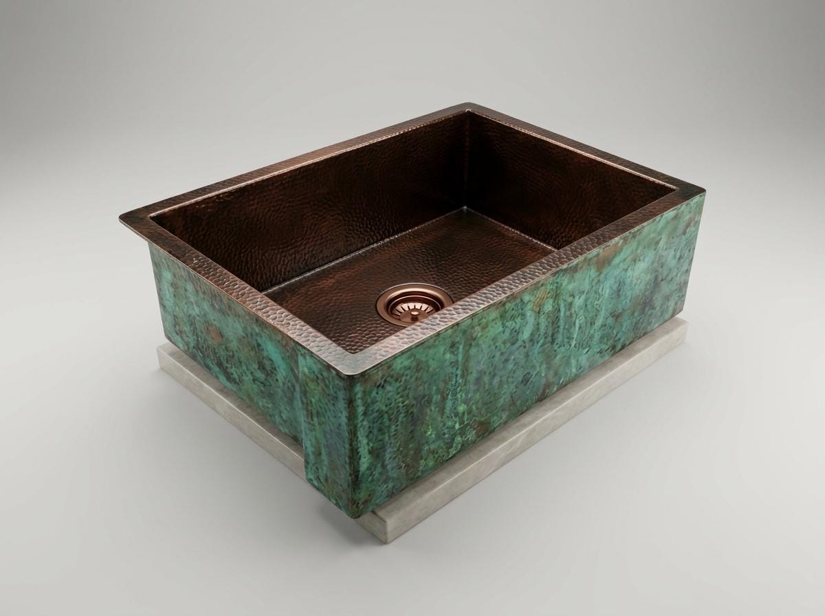 Handmade Green Verdigris Patina Copper Farmhouse Sink | Single Bowl Apron Front Hammered Interior | Moroccan Artisan Rustic Kitchen Basin