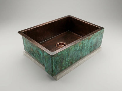 Handmade Green Verdigris Patina Copper Farmhouse Sink | Single Bowl Apron Front Hammered Interior | Moroccan Artisan Rustic Kitchen Basin