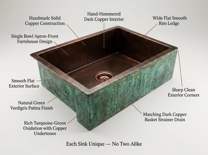 Handmade Green Verdigris Patina Copper Farmhouse Sink | Single Bowl Apron Front Hammered Interior | Moroccan Artisan Rustic Kitchen Basin