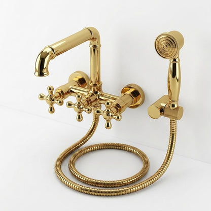 Handmade Unlacquered Brass Wall Mount Tub Faucet With Hand Shower | Clawfoot Tub Filler Cross Handle | Polished Gold Moroccan Artisan Bath